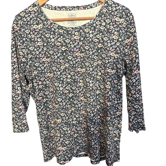 L.L.Bean Womens Floral 3/4 Sleeve Shirt L-Regular 100% Supima Cotton Made In Per - Picture 1 of 4